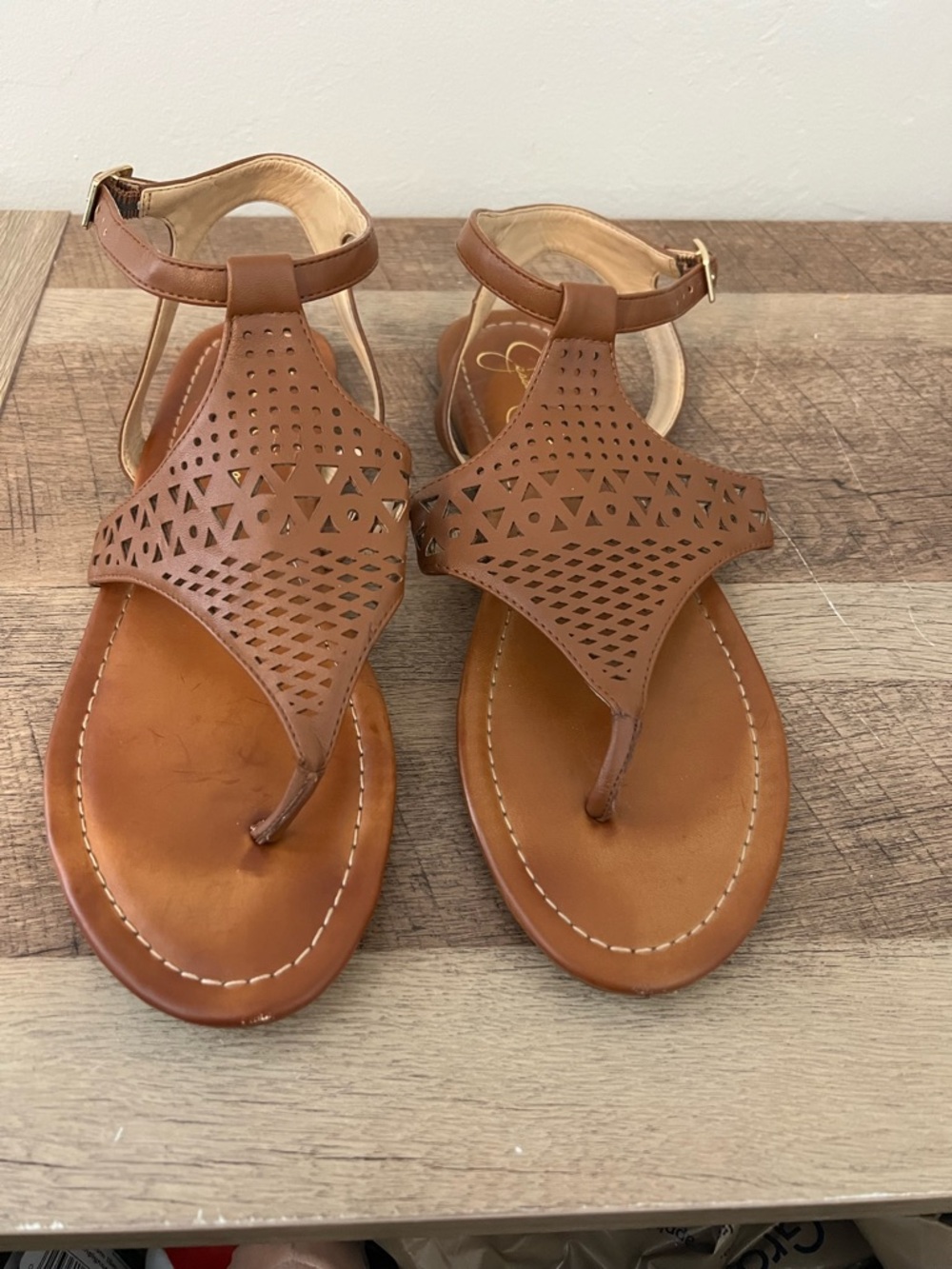 Jessica Simpson Tan Laser-Cut T-Strap Sandals Size 9